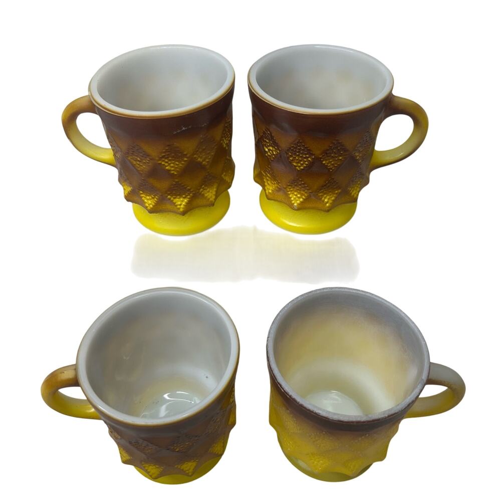 Vintage 70s Fire King Anchor Hocking Set 4 Yellow Brown Ombre Cups Mugs Coffee - Picture 4 of 11